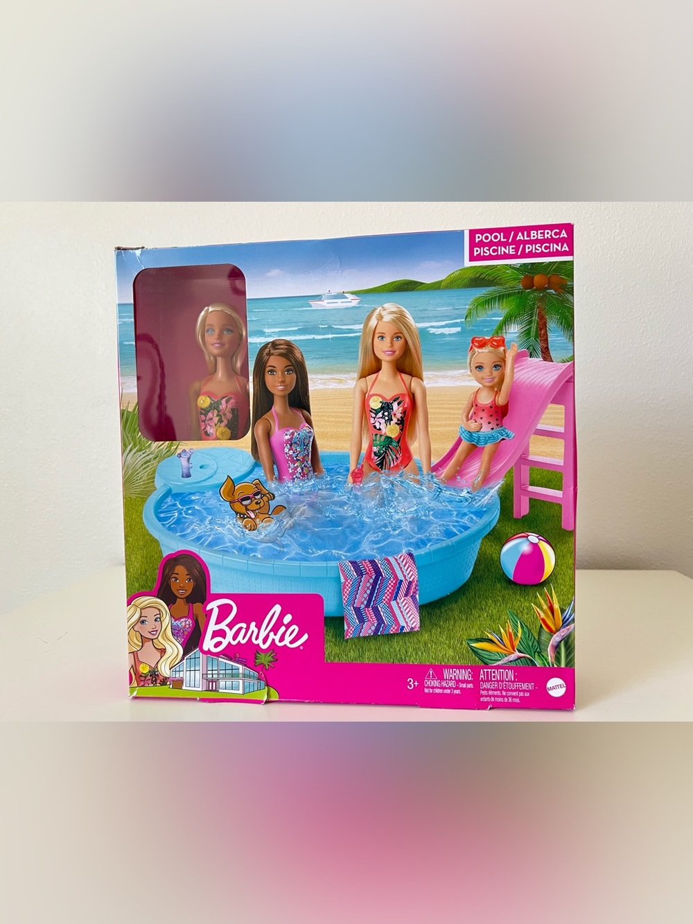 Blonde Barbie Pool Playset11" Doll, Pool, Waterslide,2 Drinks ,Towel 2019 Mattel